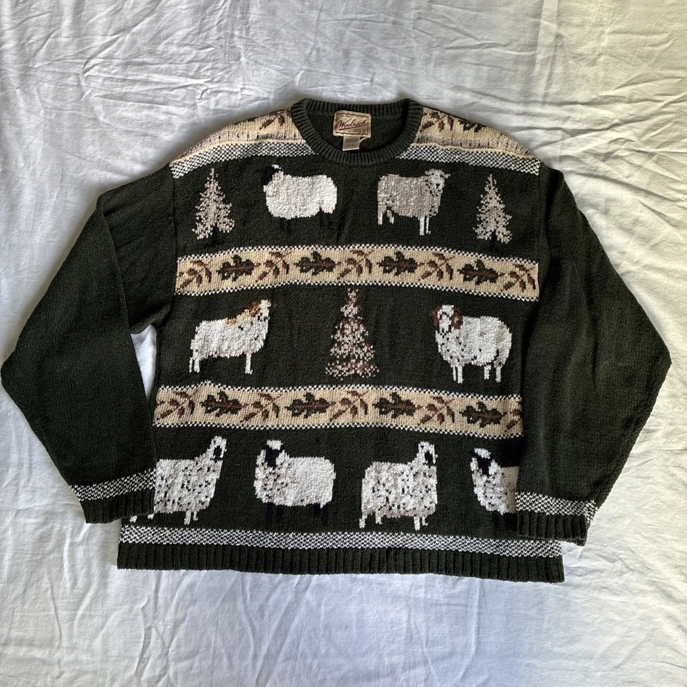 Rare Woolrich Women's M Green Cottagecore Motif Long Sleeve Knit Sweater